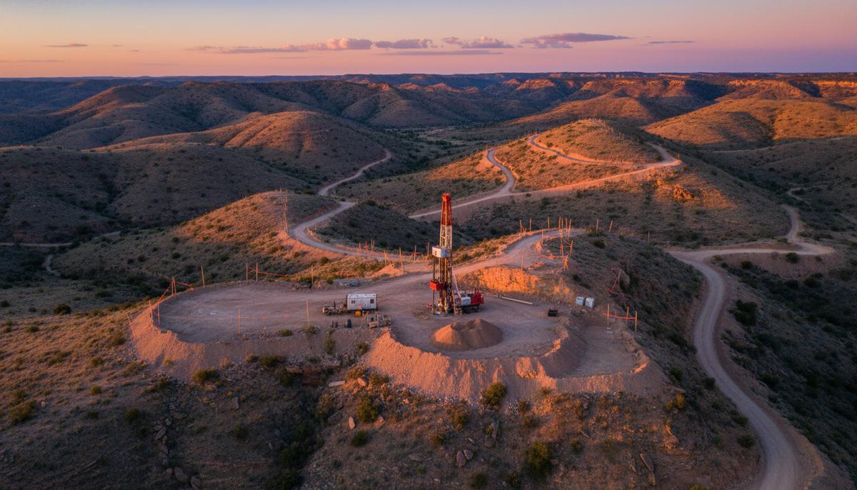 USA Rare Earth ускоряет разработку проекта Round Top с Fluor и WSP Горный ландшафт месторождения Round Top в Техасе с подъездными дорогами и буровой установкой для геологоразведки.