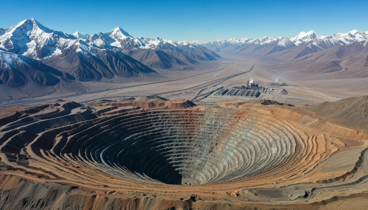 Крупный высокогорный карьер по добыче меди среди заснеженных гор, промышленные сооружения и конвейерные ленты.