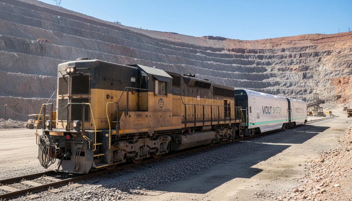Дизель-электрический локомотив с прицепным гибридным модулем VOLT на железнодорожных путях в большом горном карьере.