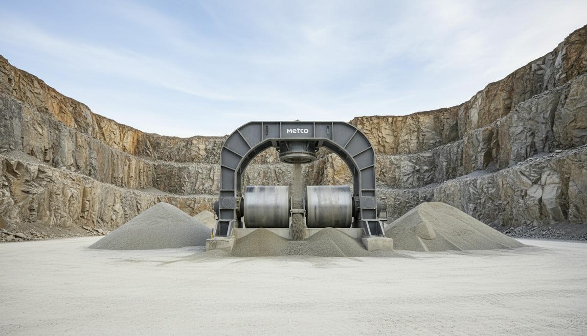 Новый валковый пресс Metso HRC 8 превращает отходы в товарный песок Крупный валковый пресс высокого давления Metso HRC 8 на территории карьера среди отвалов готового промышленного песка.