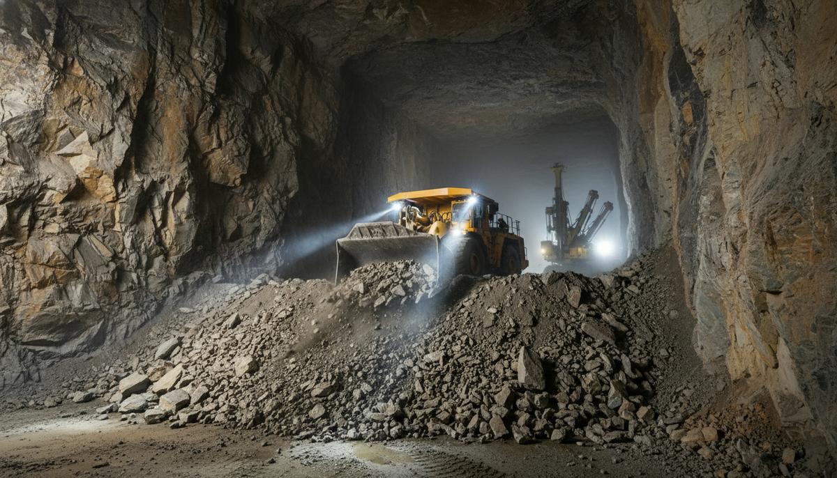 Подземная выработка рудника Skouries. Желтый погрузчик с дистанционным управлением собирает в ковш взорванную горную породу.