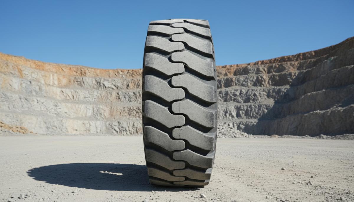 Новая крупногабаритная шина Michelin Xtra Power L5 для карьерного погрузчика с агрессивным протектором на фоне скального разреза.