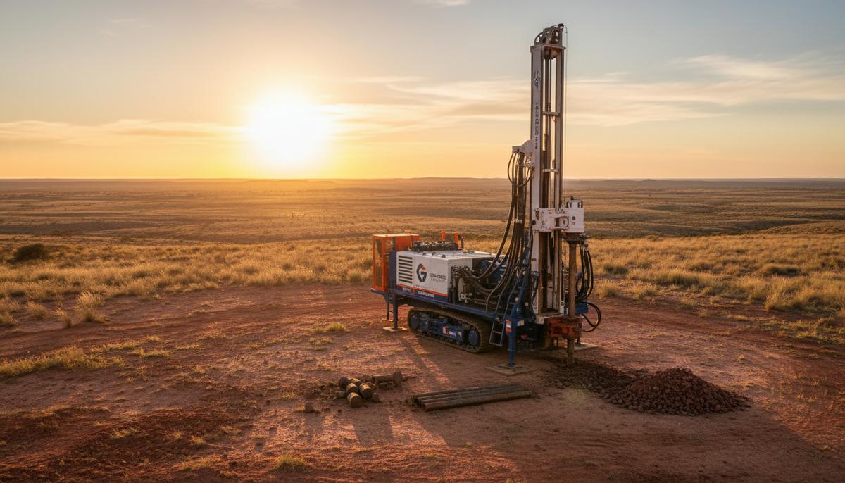 Рост геологоразведки стимулирует рекордные заказы для компании Epiroc Современная буровая установка для геологоразведки в скалистой пустынной местности на фоне заката. Рядом видны образцы породы.