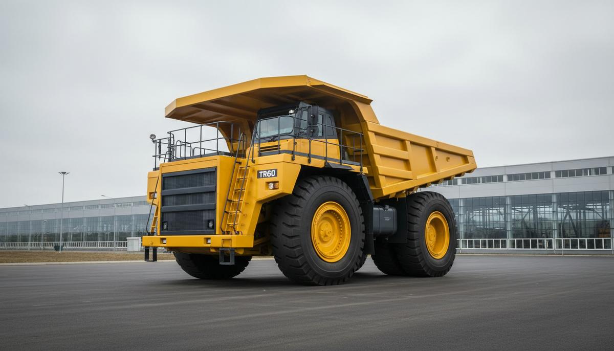 Большой карьерный самосвал TR60 стоит на асфальте на территории завода-изготовителя.