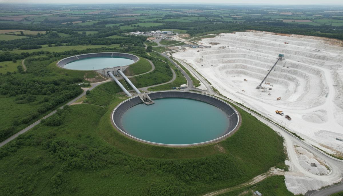 Воздушный вид на гидроаккумулирующую электростанцию с резервуарами и трубопроводами на холме рядом с карьером по добыче каолина.