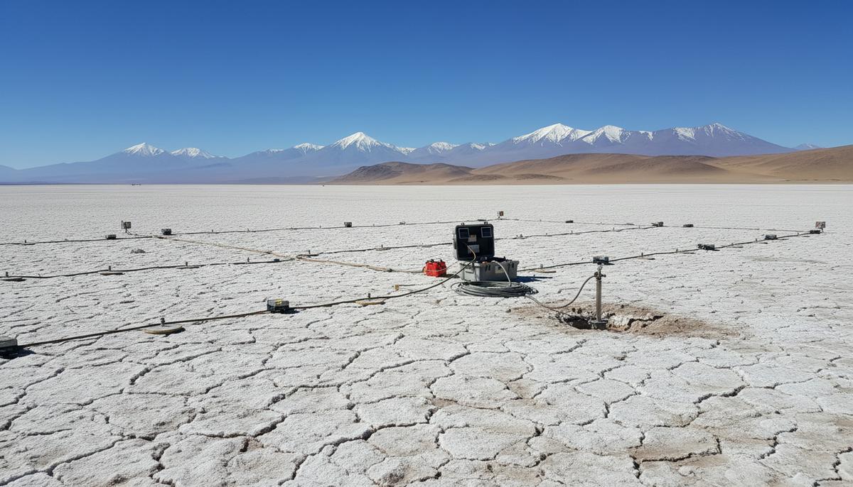 Ivanhoe Electric и SQM будут искать медь в Чили с помощью технологии Typhoon Геофизическое оборудование для разведки меди на солончаковой поверхности пустыни Атакама в Чили на фоне гор.