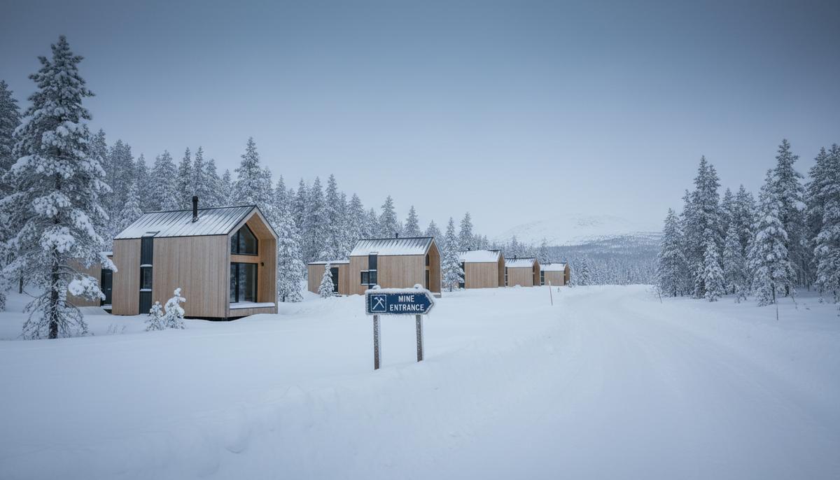 Комплекс современных модульных домов в заснеженном лесу рядом с горнодобывающим предприятием в северном регионе.