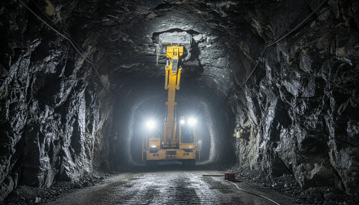 Обор-машина Scamec LC 065 A с поднятой стрелой в узком тоннеле подземного рудника. Свет фар освещает каменные своды.