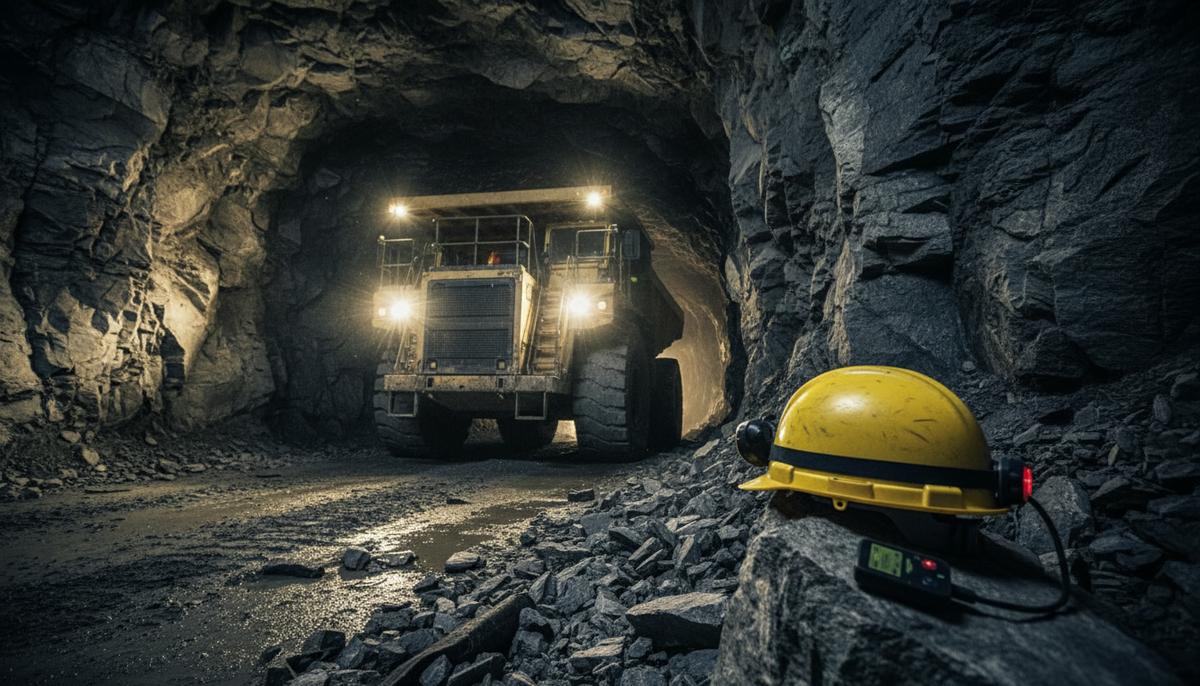 Rio Tinto повышает безопасность на руднике Оюу-Толгой с V2X-системой Тяжелая горная техника с включенными фарами в узком тоннеле подземного рудника. На переднем плане шахтерская каска с фонарем.