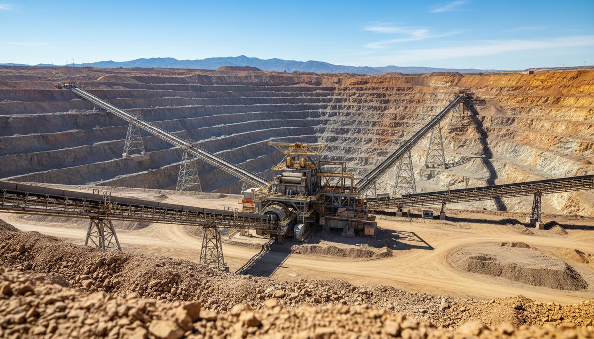 НГМК внедрил на Мурунтау новую технологию транспортировки руды Промышленный пейзаж: крупный горнодобывающий карьер с дробильным комплексом и длинной конвейерной лентой для руды.