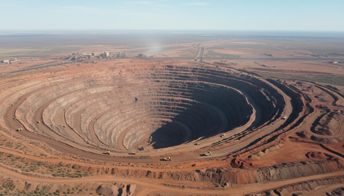 Выбросы от дизеля в горной добыче Австралии растут вопреки прогнозам Огромный угольный или железорудный карьер в Австралии с высоты птичьего полета. Большегрузные самосвалы на террасах карьера.