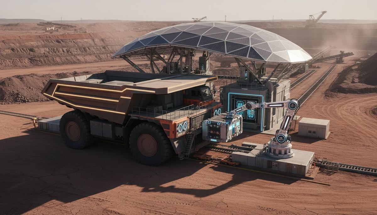 Беспилотный карьерный самосвал на автоматизированной станции замены аккумуляторов в большом угольном разрезе.