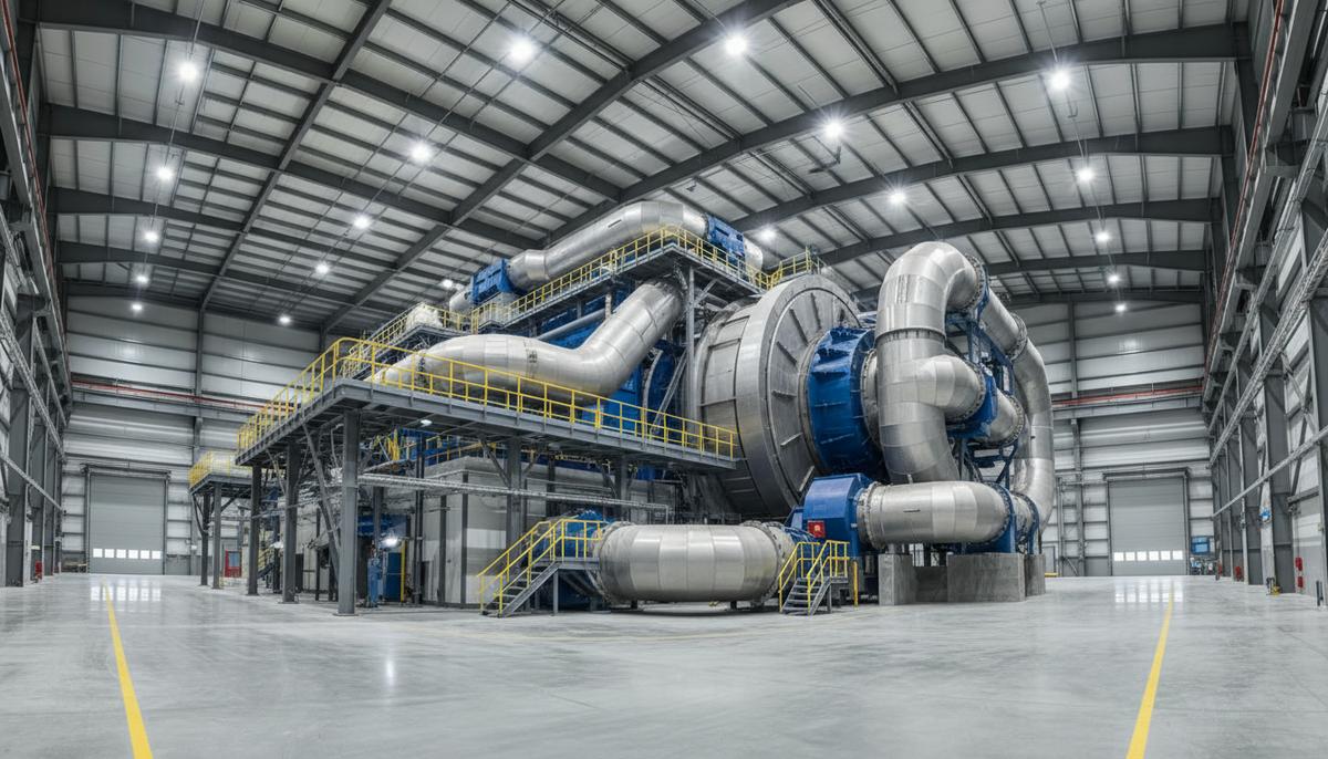 Новая промышленная мельница для измельчения руды в цехе современного гидрометаллургического завода.