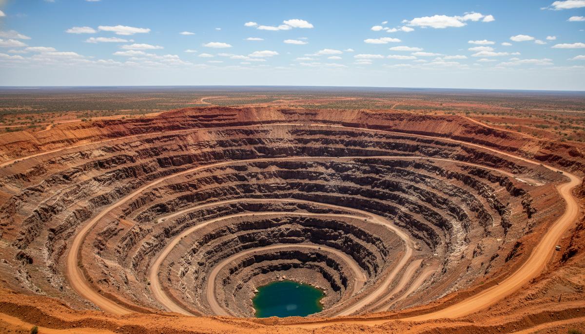 Панорамный вид на железорудный карьер: высокие террасные борта из красной породы и спиральные дороги, ведущие на дно.