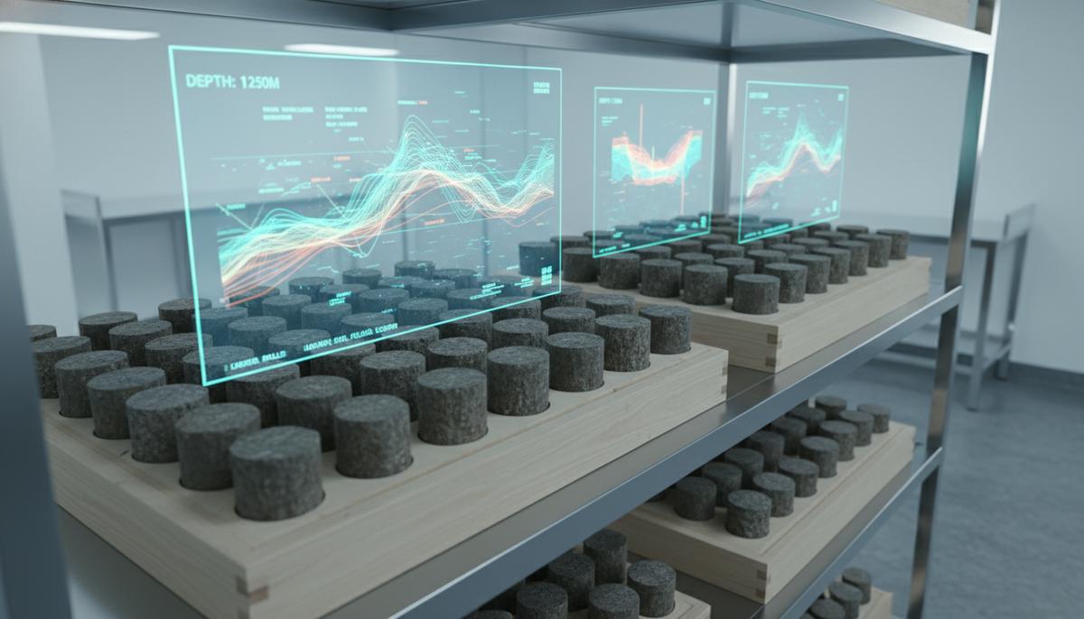 Геологические образцы керна в деревянных ящиках в лаборатории с наложенной поверх них голографической инфографикой.