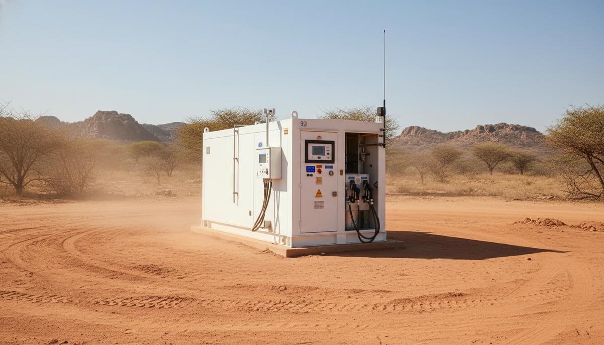 Современный резервуар для хранения топлива с цифровыми датчиками на территории горнодобывающего предприятия в засушливой местности.