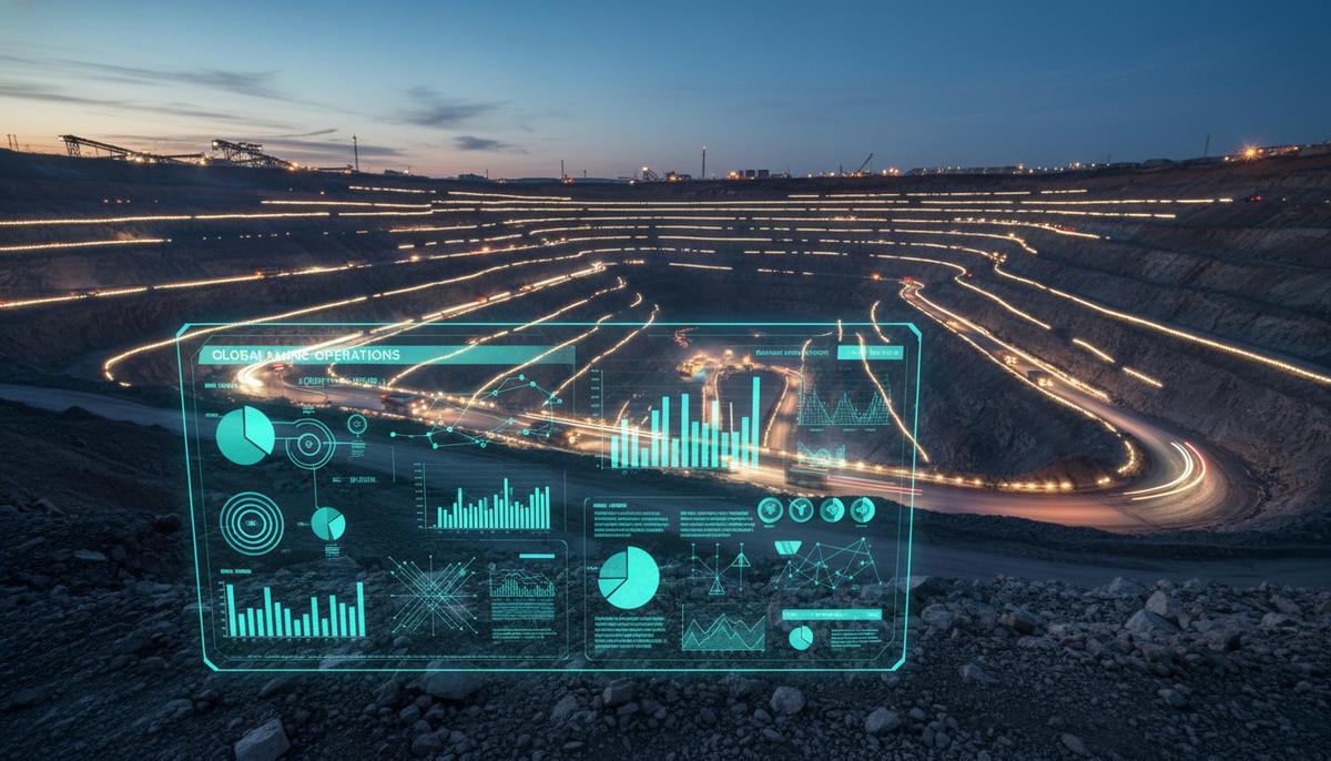 Современный карьер в сумерках с автономными самосвалами и голографическим интерфейсом, отображающим данные и аналитику промышленной автоматизации.