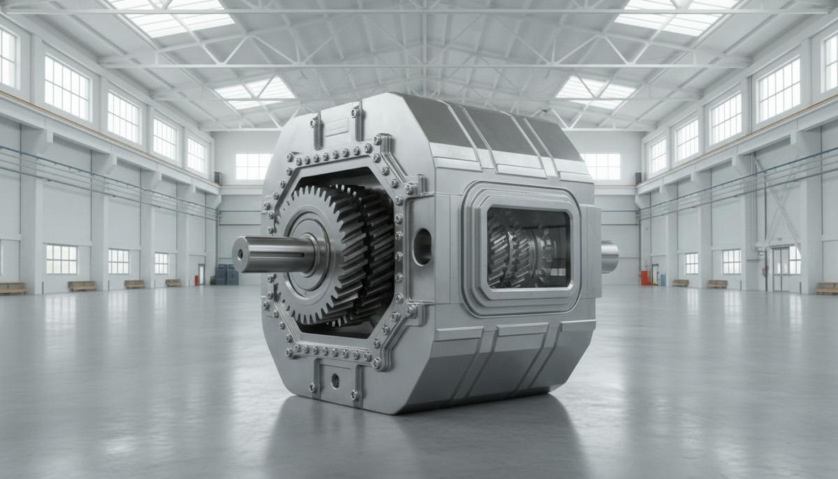 Крупный современный промышленный редуктор в металлическом корпусе стоит на полу в просторном и светлом заводском цеху.