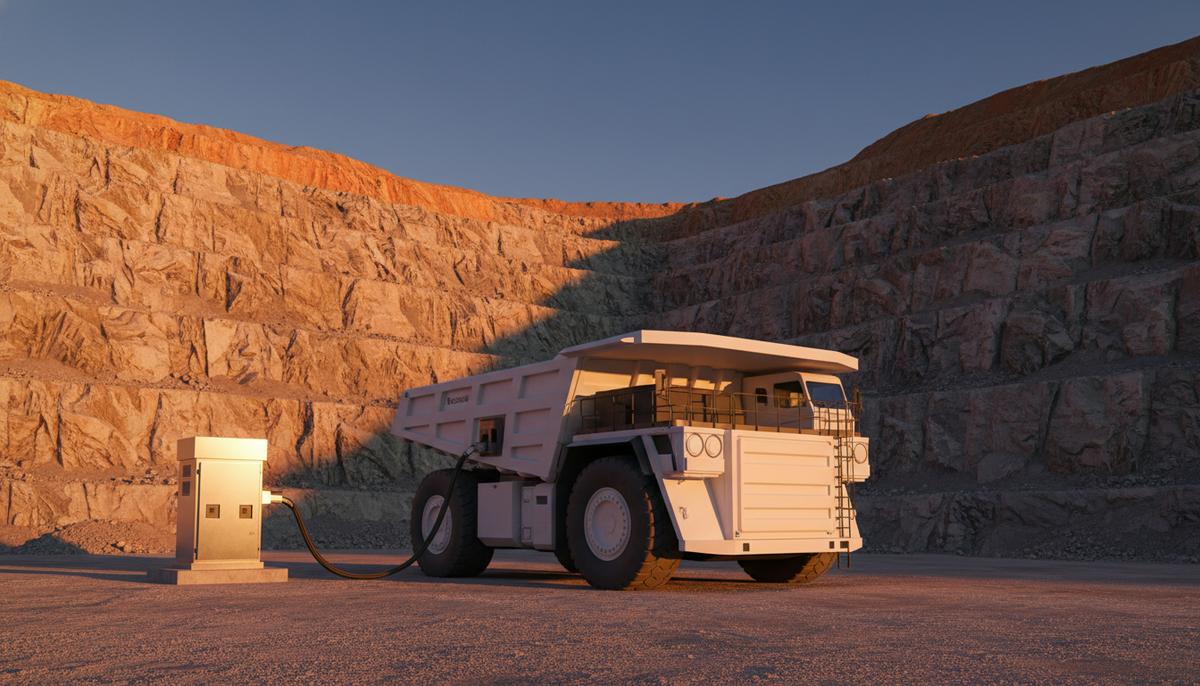 Большой белый карьерный самосвал на электрической тяге, подключенный к зарядной станции на фоне террасных стен современного карьера.