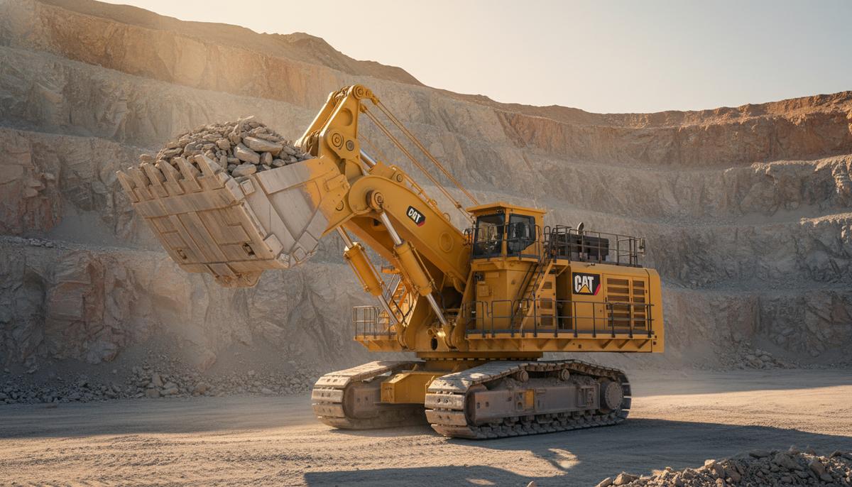 Желтый гидравлический карьерный экскаватор Cat 6015 в большом открытом карьере на фоне скалистых уступов.