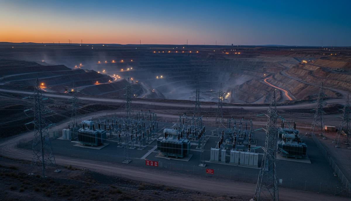 Электрическая подстанция и линии электропередач на фоне огромного карьера горнодобывающего предприятия в сумерках.