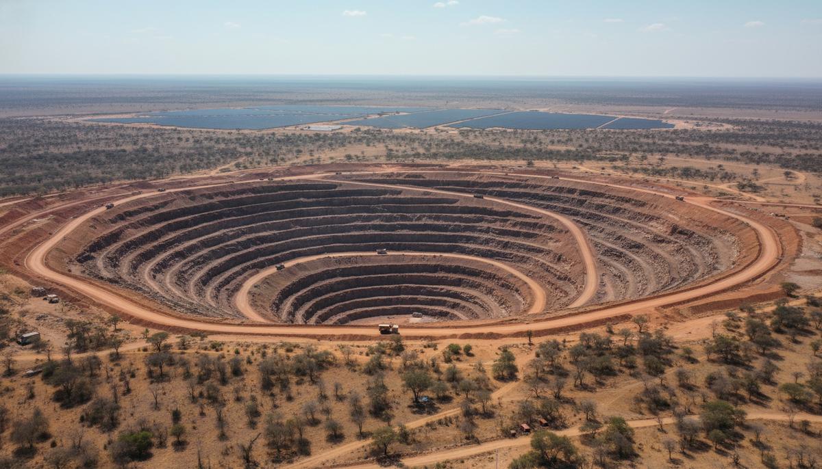 Современный горнодобывающий карьер с многоуровневыми террасами в африканской саванне, на горизонте видны солнечные электростанции.