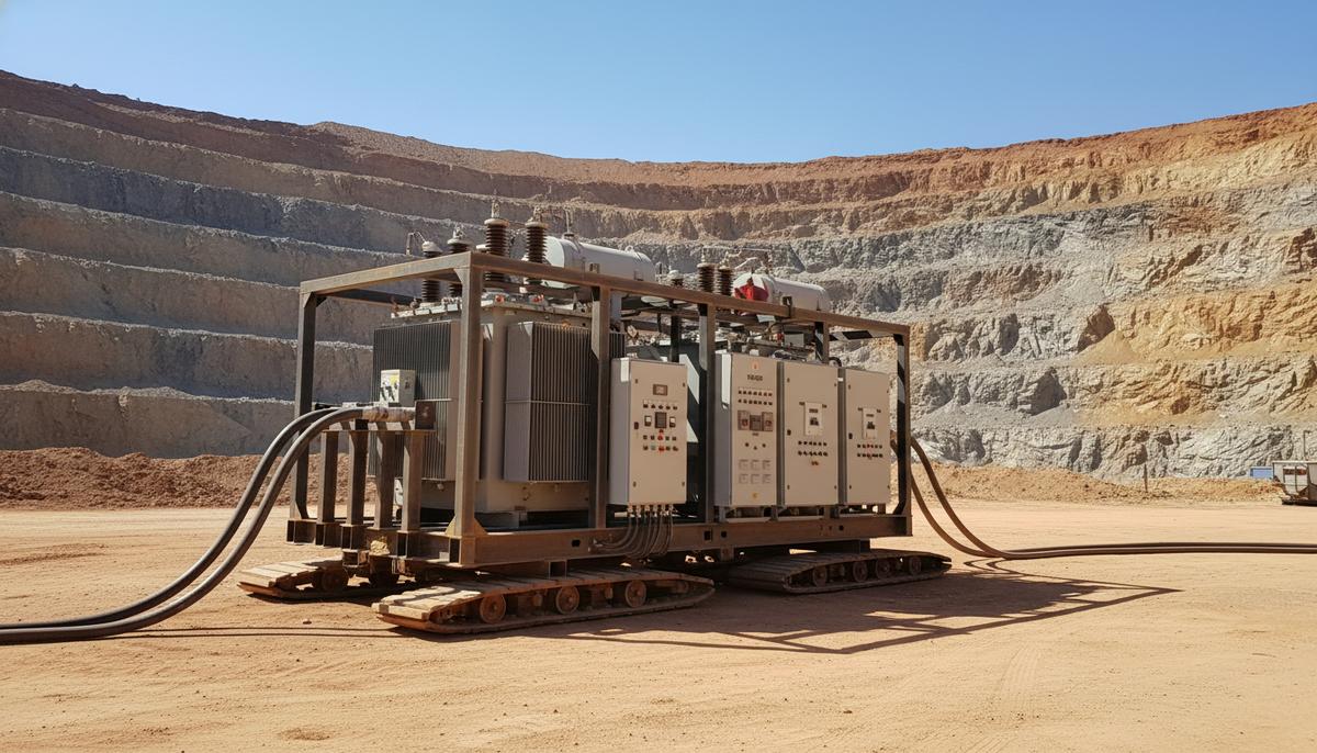 Мобильная электрическая подстанция на металлической платформе в большом открытом карьере с красноватой почвой.