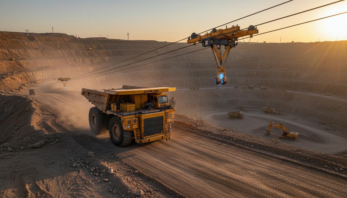 Желтый карьерный самосвал с широким кузовом поднимается по технологической дороге в карьере, будучи подключенным пантографом к троллейным линиям электропередач.