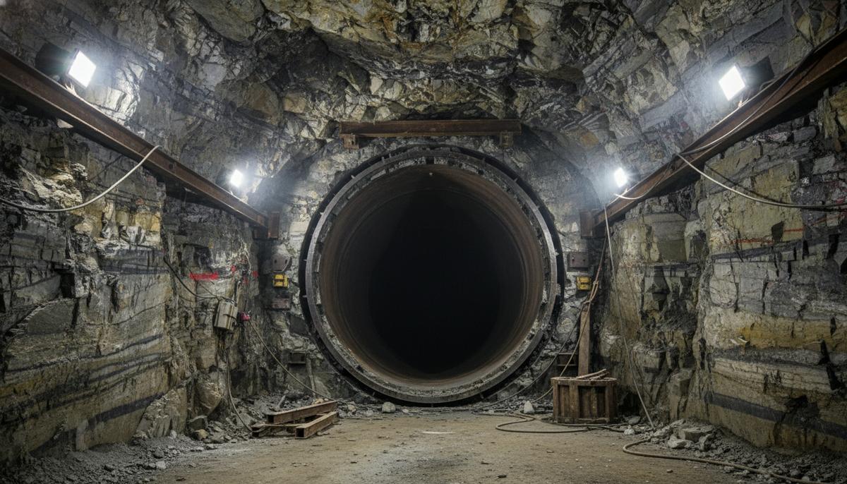 PYBAR начинает строительство рудоспусков на руднике Prominent Hill Вертикальная горная выработка большого диаметра на подземном руднике. Стены из скальной породы, освещенные прожекторами.