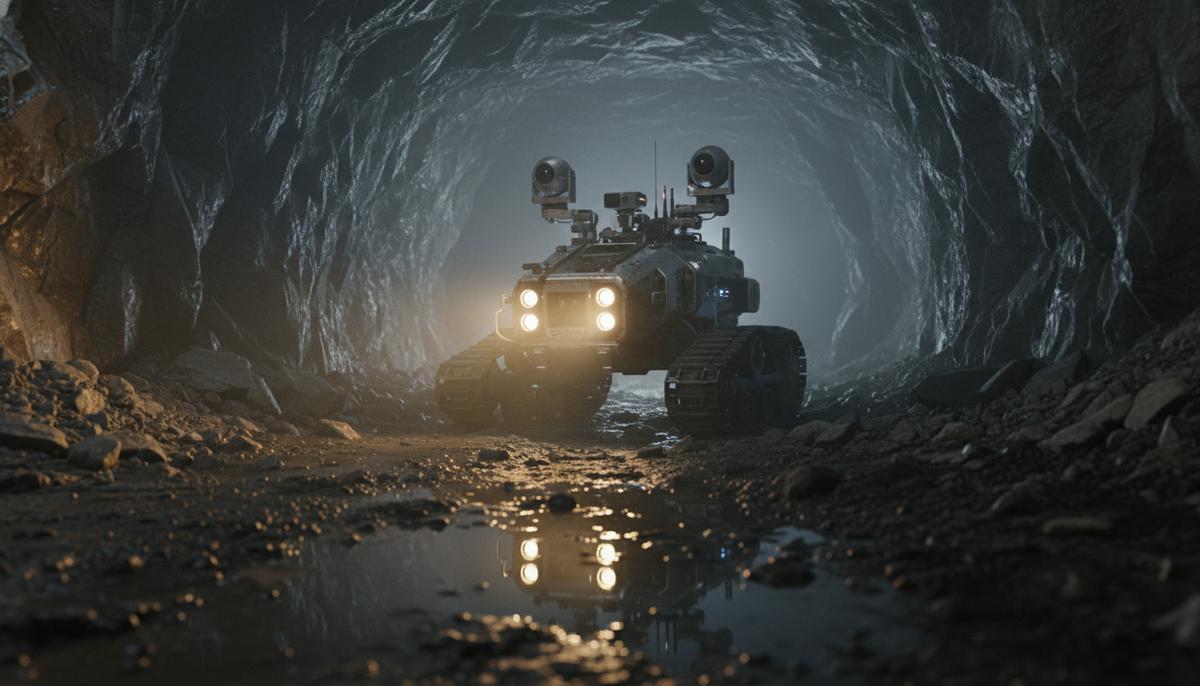 Автономный робот-разведчик Explora XL с датчиками движется по темному, затопленному тоннелю подземной шахты.