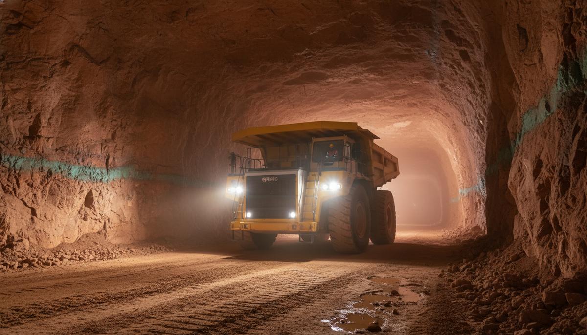 Крупный карьерный самосвал Epiroc MT65 S в туннеле подземного медного рудника с включенными фарами, освещающими стены.