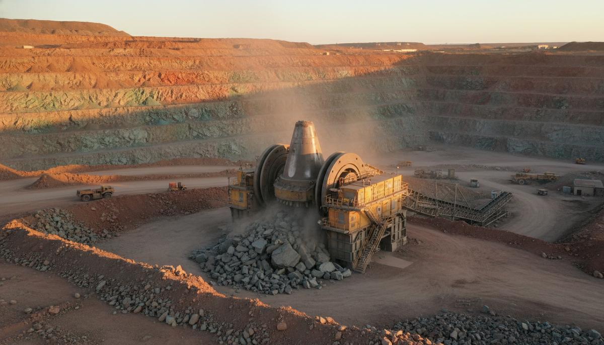 Крупная современная гирационная дробилка в центре карьера на рассвете, на фоне террасных стен открытого рудника.