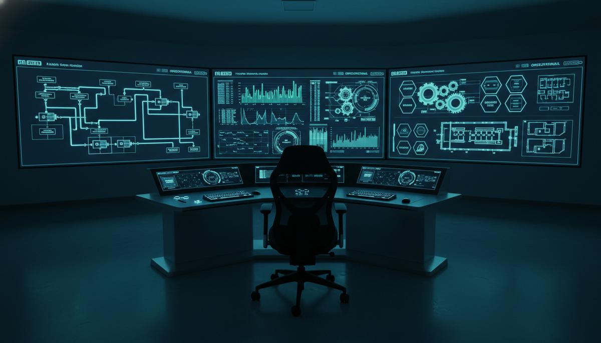 Пустой центр управления производством с большими экранами, отображающими технологические схемы и графики данных.