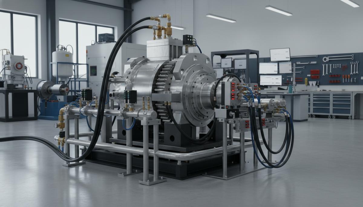 Крупный гидравлический мотор Hägglunds на испытательном стенде в новой современной заводской лаборатории с трубами и датчиками.