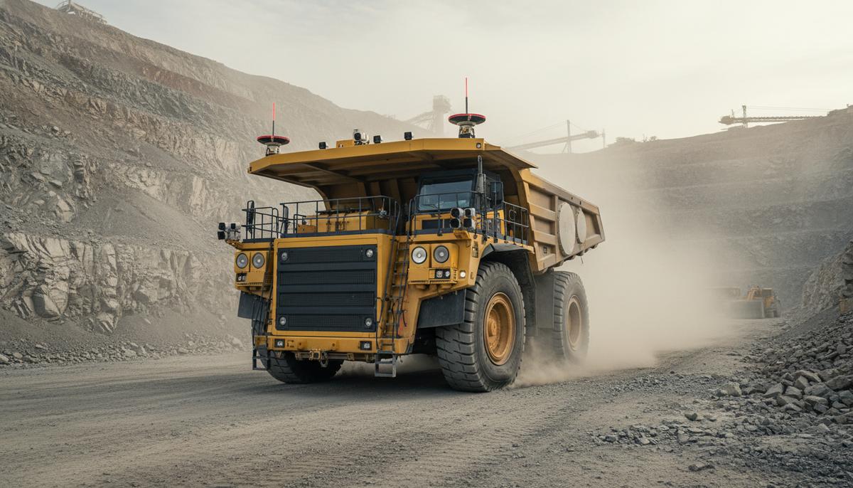 Pronto.ai расширяет линейку автономных систем для всех типов горнодобычи Крупный автономный самосвал в глубоком карьере, оснащенный массивом сенсоров: камерами, лидарами и радарами. Видны следы пыли или тумана.