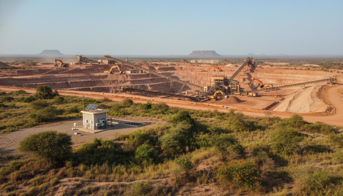 Eramet Grande Côte первой в группе получает престижный сертификат IRMA 50 Открытый карьер по добыче минеральных песков в Сенегале с тяжелой техникой, конвейерными лентами, зоной рекультивации и оборудованием для мониторинга воды.