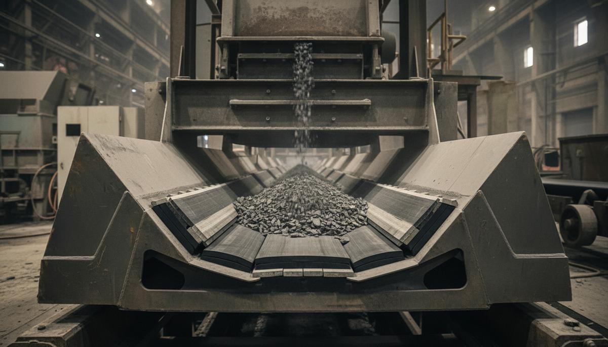 Крупный план конвейерной ленты с системой уплотнения и футеровки на перегрузочном пункте в горнодобывающем комплексе. Видны промышленные элементы контроля пыли.