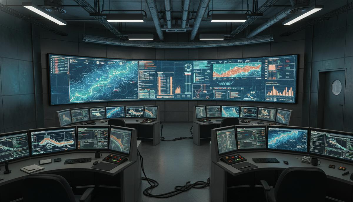 ERG сообщила о $111 млн экономического эффекта от цифровизации и ИИ Индустриальный центр управления горнодобывающим предприятием с многочисленными экранами, отображающими производственные данные в реальном времени.