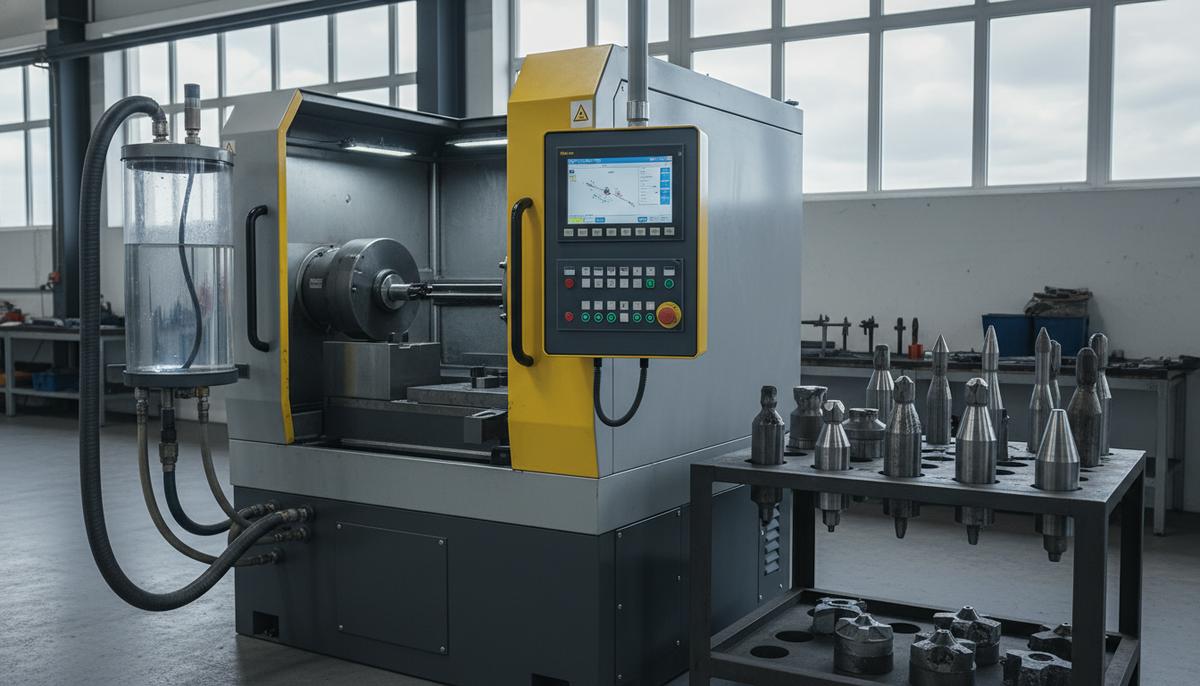 Sandvik расширяет линейку оборудования для заточки буровых долот, обещая рост эффективности Автоматическая установка Sandvik RG550Be для заточки буровых долот в промышленном помещении, рядом лежат долота.