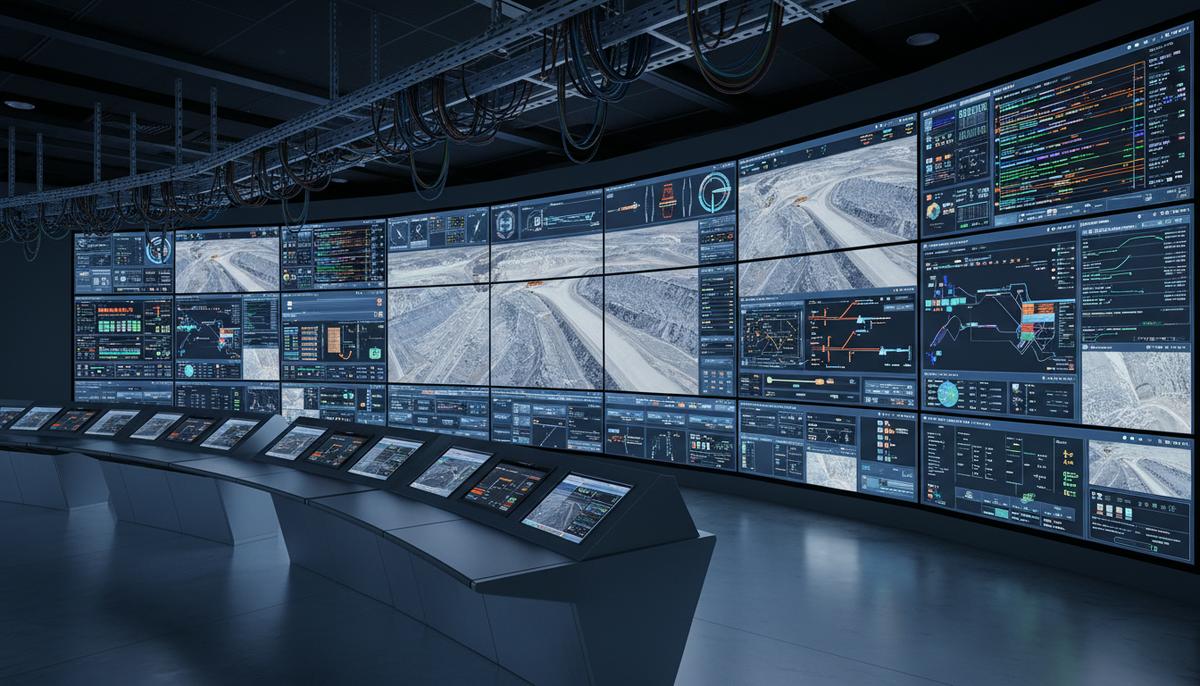 Панорама современного промышленного диспетчерского пункта с множеством экранов, отображающих данные управления и схемы горнодобывающего производства.