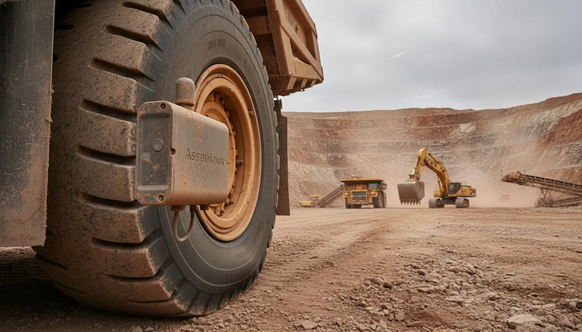 Myriota AssetHawk: Спутниковый трекер для глобального контроля активов в горнодобывающей промышленности Прочный трекер AssetHawk на борту горнодобывающей техники в условиях открытого карьера, пыль.