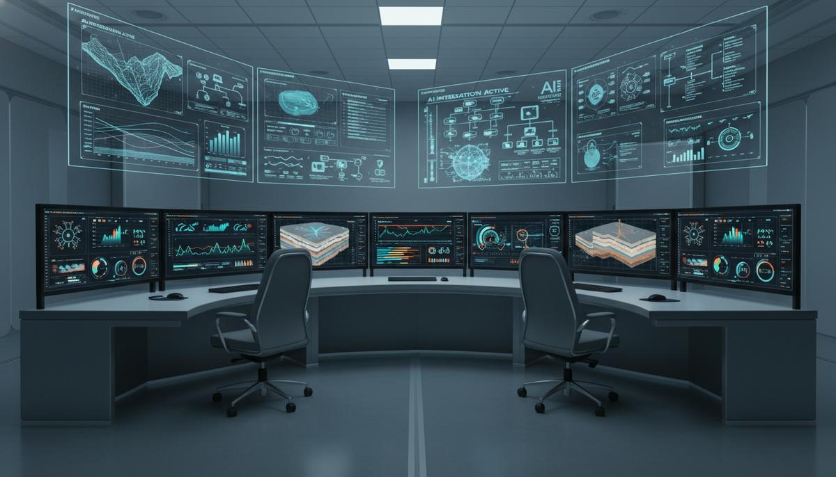 Современный промышленный диспетчерский пункт без людей. На больших экранах отображаются сложные графики, визуализация данных, геологические модели и операционные показатели горнодобывающих предприятий, а также голографические интерфейсы с потоками информации.