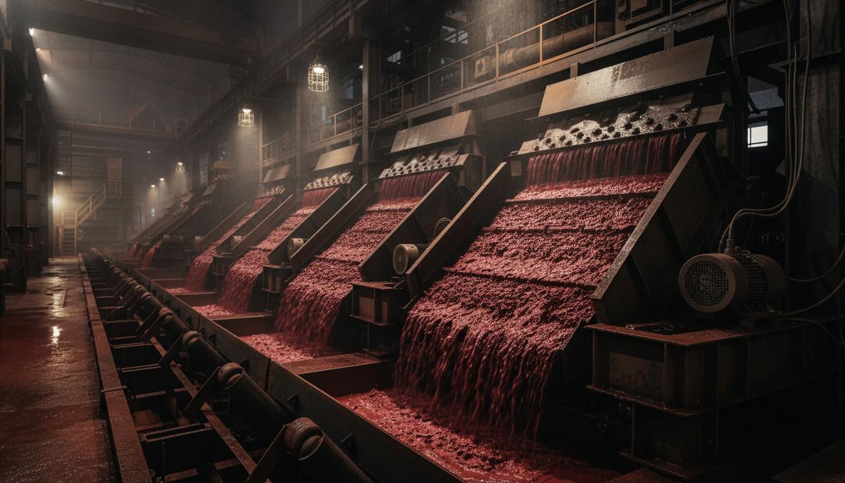 Перегрузочные желоба и виброгрохоты в цехе обогащения железорудной фабрики. Мокрая руда равномерно подается на сита.