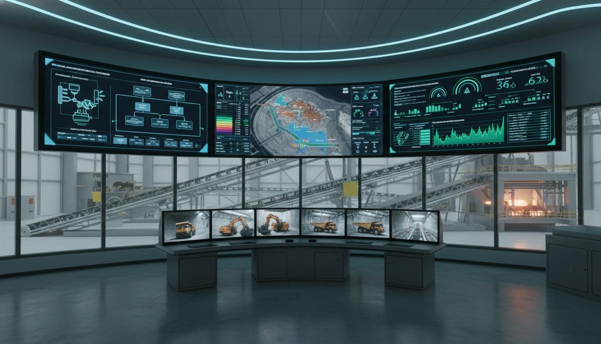 Современный центр управления горнодобывающей промышленности. Панели с данными в реальном времени, графики оптимизации, виды на автоматизированные конвейеры.