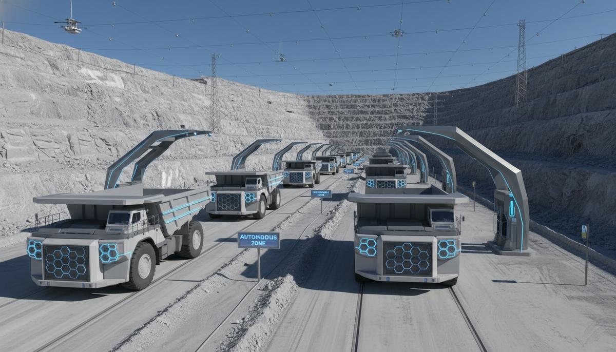 Беспилотные электрические карьерные самосвалы большой грузоподъемности в угольном разрезе во Внутренней Монголии, Китай.