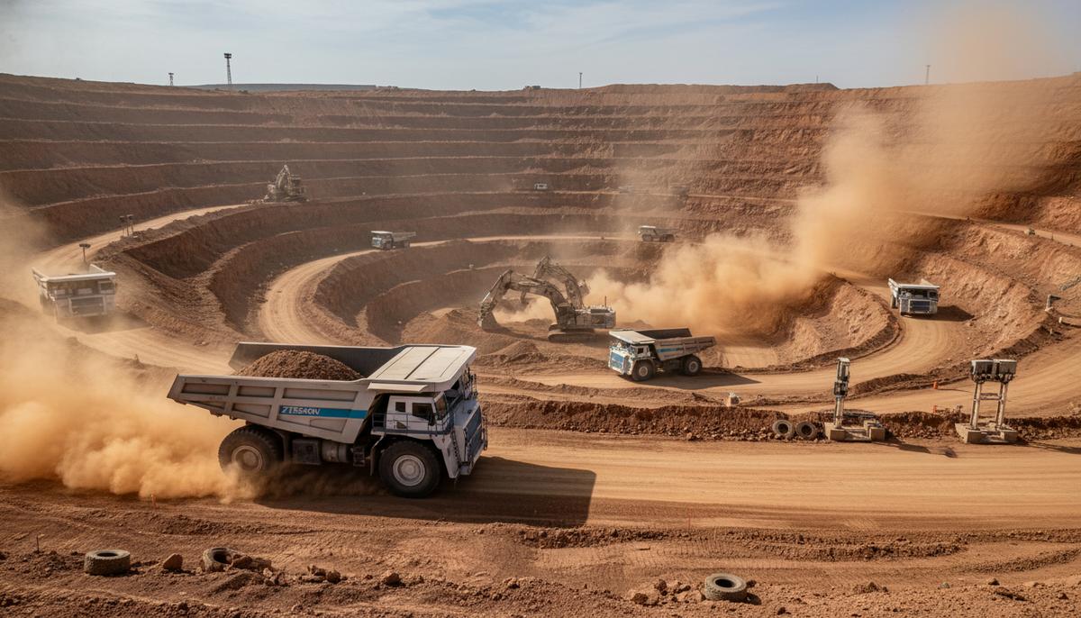 Огромный карьер с несколькими гибридными карьерными самосвалами, работающими на грунтовых дорогах. На заднем плане — экскаватор. Индустриальный пейзаж.