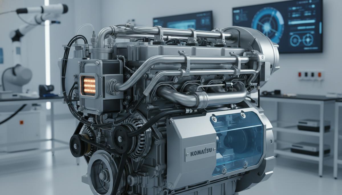 Современный промышленный двигатель Komatsu с интегрированными компонентами технологии расщепления аммиака в чистом заводском цехе.