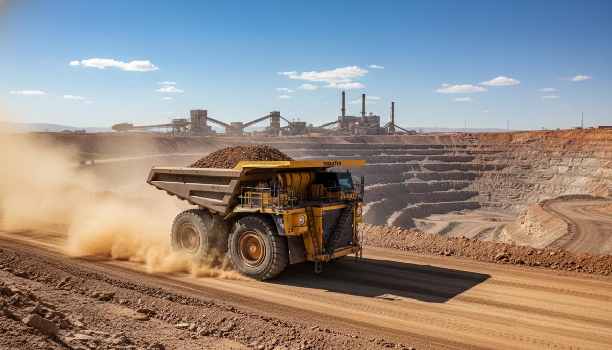 Гибридный карьерный самосвал Komatsu 930E работает на дороге крупного открытого медного рудника с террасными отвалами и перерабатывающим комплексом вдалеке.