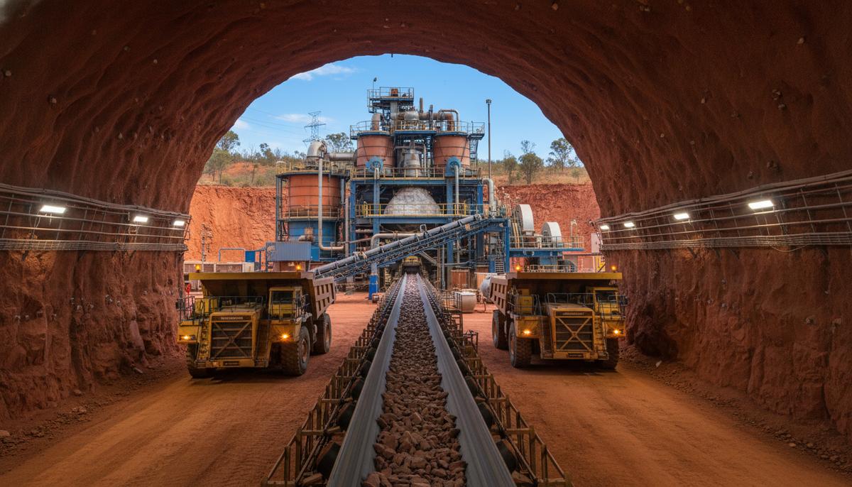 Подземные выработки медного рудника с конвейерными системами. Наземная обогатительная фабрика с флотационными ячейками в Австралии.