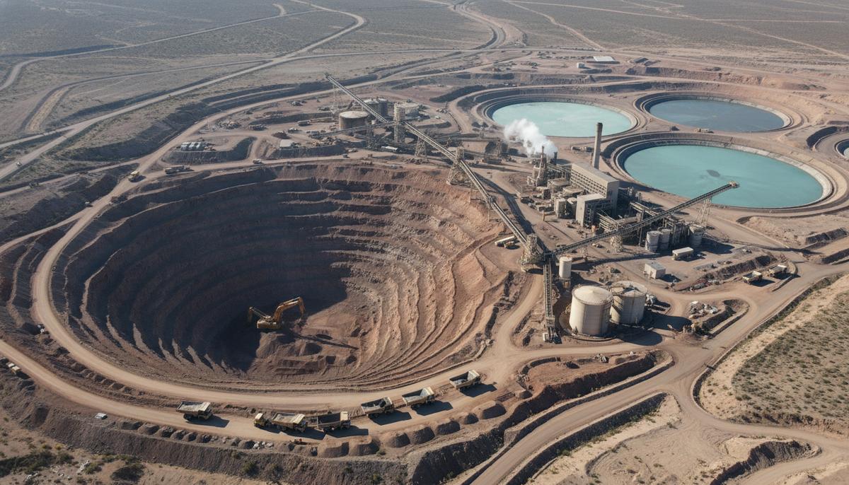 Вид сверху на обширный современный карьер в пустынном ландшафте, с крупной горнодобывающей техникой, конвейерными системами и перерабатывающими сооружениями.